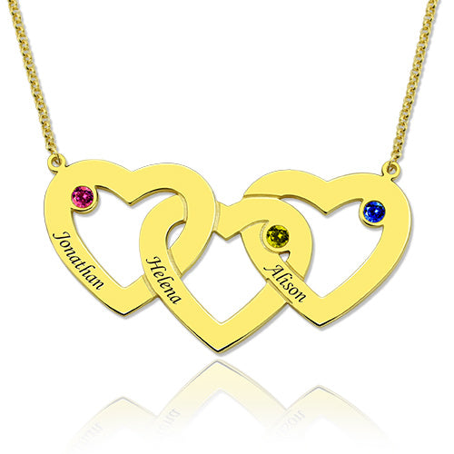 Intertwined 3 Hearts & Birthstones Name Necklace