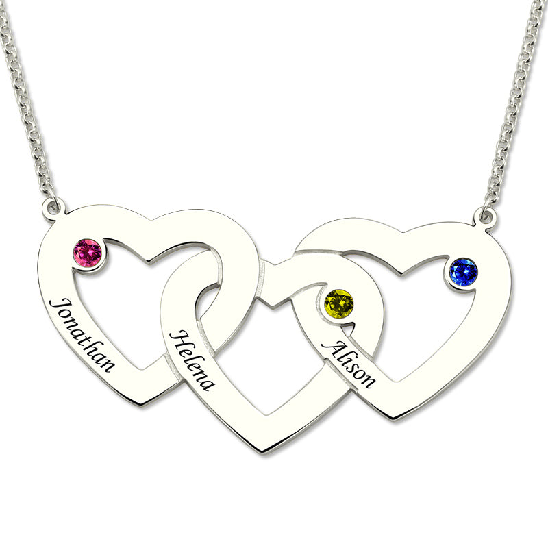 Intertwined 3 Hearts & Birthstones Name Necklace