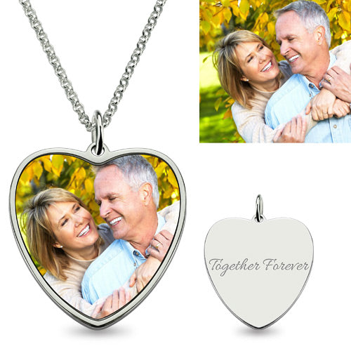 Engraved Heart Shape Photo Necklace Stainless Steel