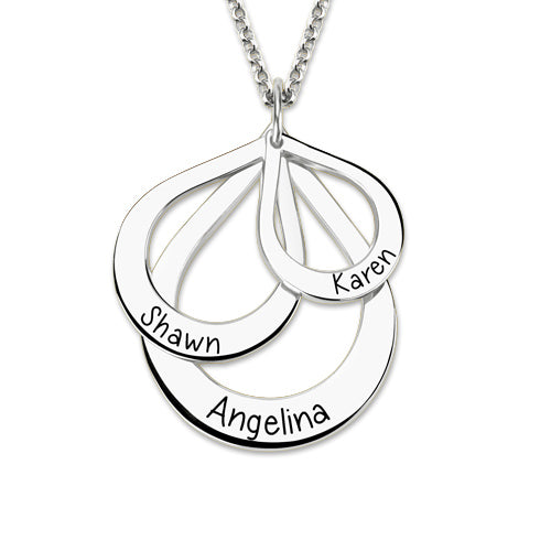 Engraved Drop Shaped 3 Names Necklace Sterling Silver