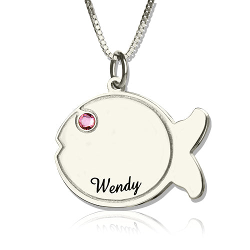 Fish Birthstone Necklace Engraved Name Sterling Silver