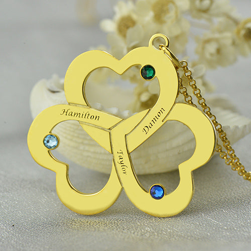 Birthstone Triple Heart 3 Names Necklace Engraved in Gold