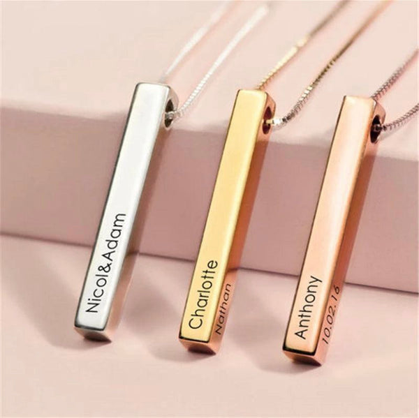 Sculpted Memories: Engrave their Names/Dates on 3D Bar Necklace in Stainless Steel