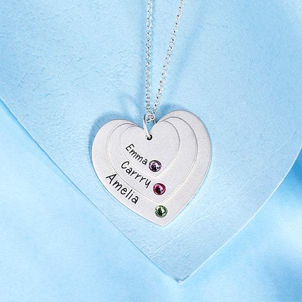 Triple Heart Name Necklace With Birthstones Sterling Silver