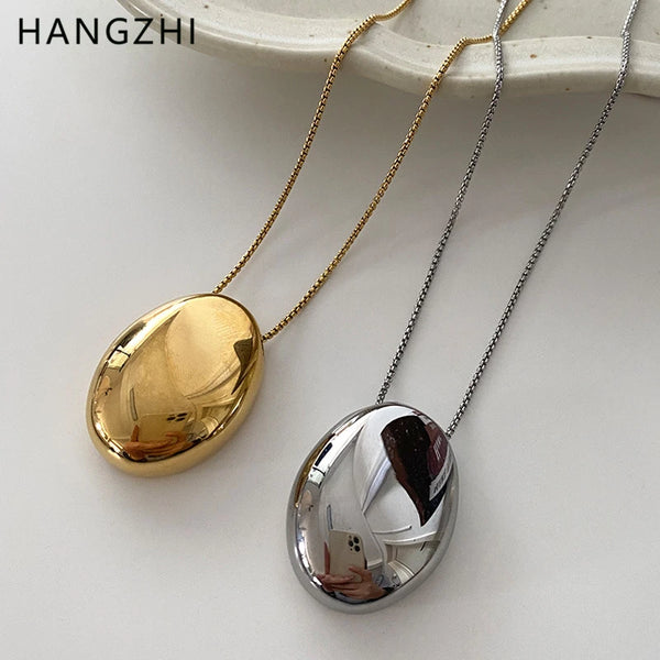 HANGZHI New Brushed Metal Oval Metal Necklace for Women Long Sweater Chain Luxury Charm Water Drop Jewelry