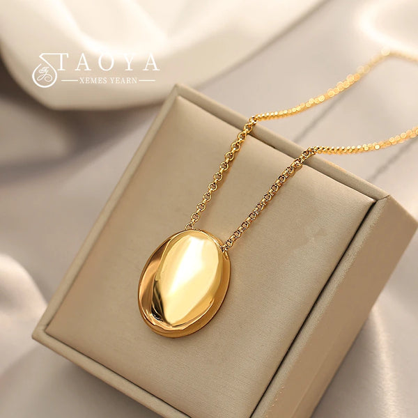 European and American Oval Pendant stainless steel Gold Color Long Necklace Fashion Jewelry Accessories Sweater Chian For Womens