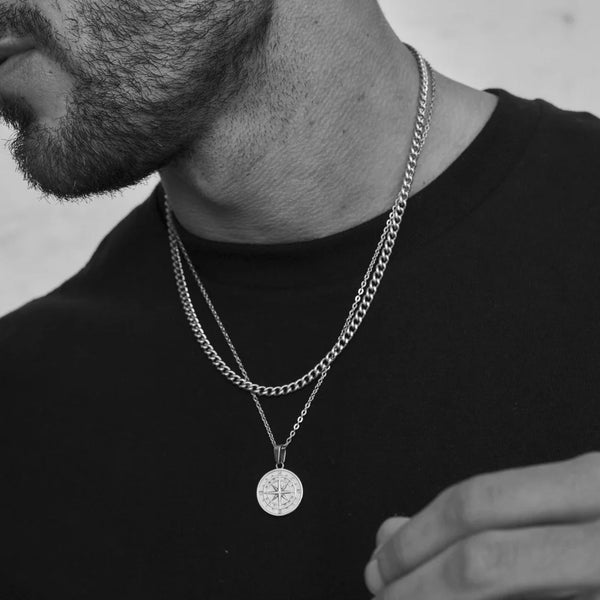 Vnox Layered Necklaces for Men, Sailing Travel Compass Pendant, Stainless Steel Cuban Figaro Wheat Chain, Casual Retro Collar