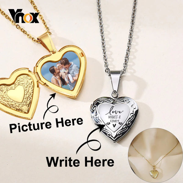 Vnox Customize Picture Name Women Necklaces Heart Locket Pendant Family Image Personalized Anniversary Gift