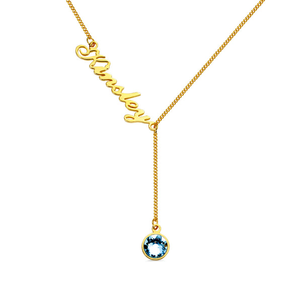 Personalized Simple Name & Birthstone Y Necklace Stainless Steel