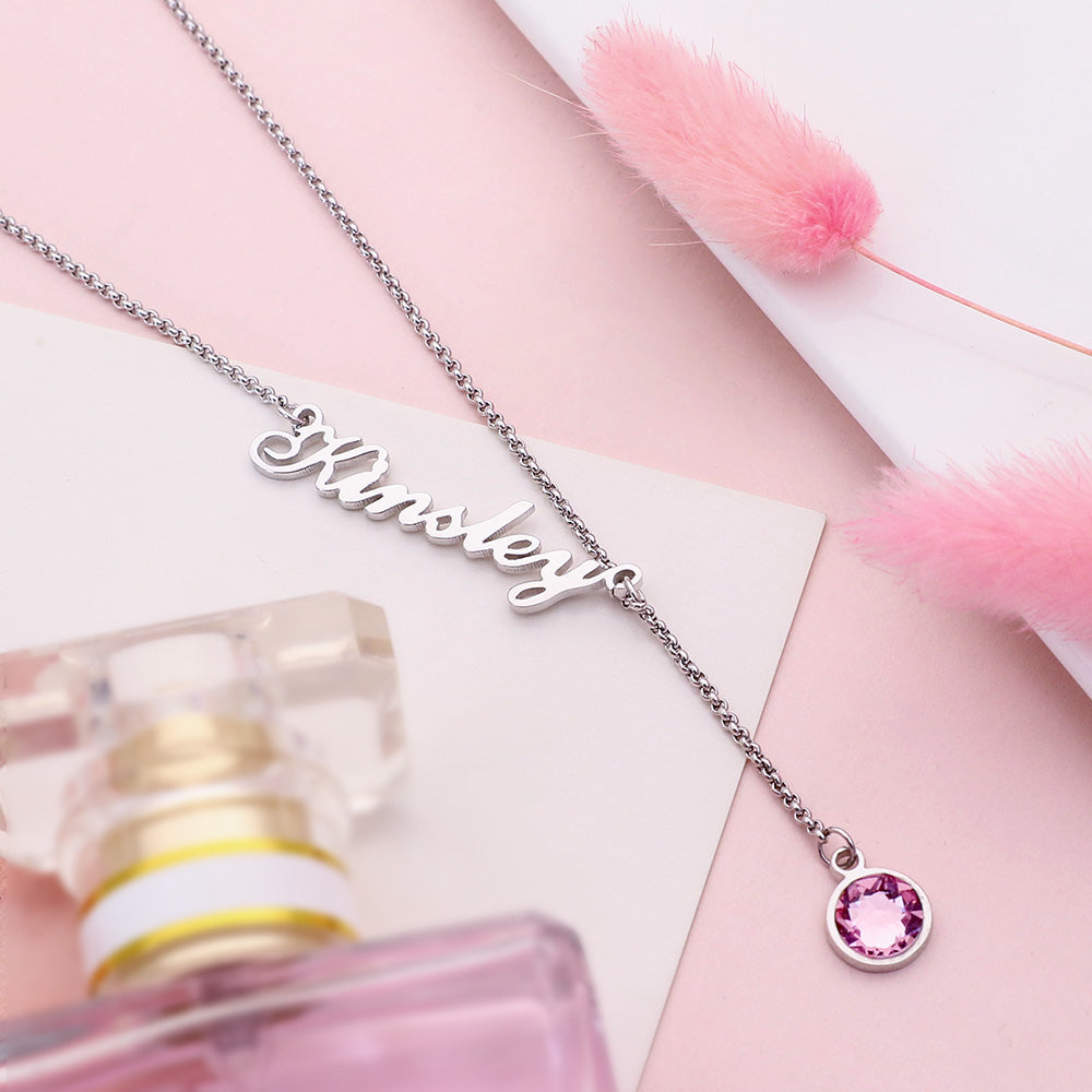 Personalized Simple Name & Birthstone Y Necklace Stainless Steel