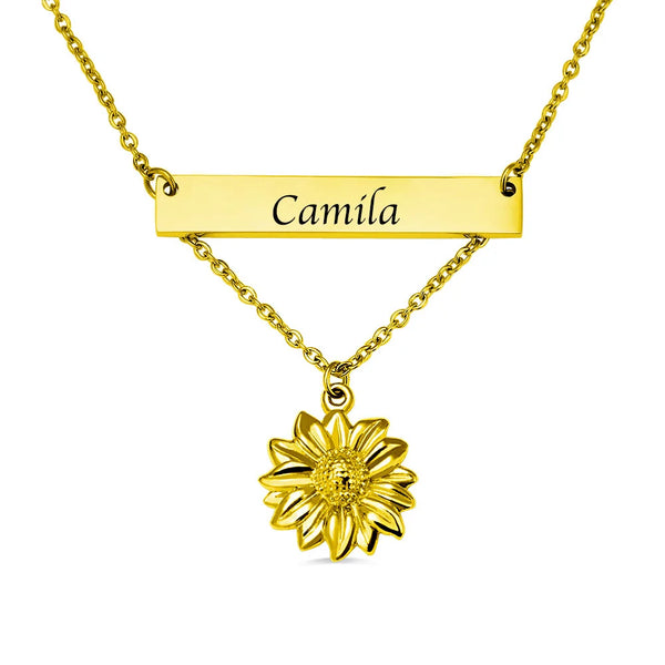 Personalized Sunflower Necklace with Bar in Gold